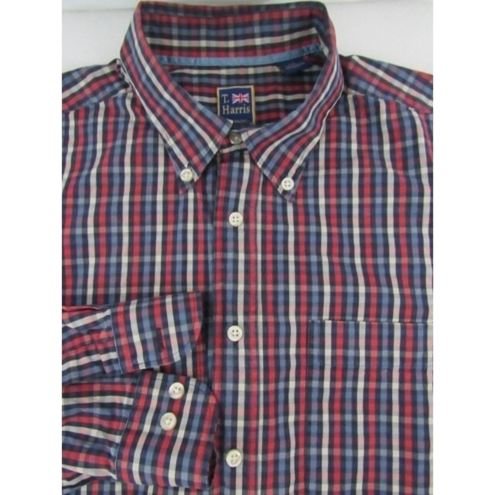T. Harris London Shirt Size‎ XXL Big Red Blue Check Button Down Cotton